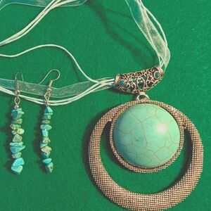 A599   🔥 5 For $35 🔥 Polished Turquoise Pendant Necklace and Earring Set